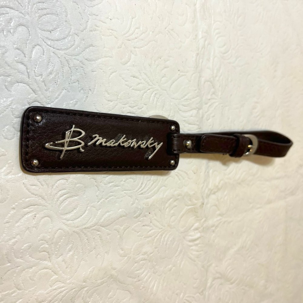 B. Makowsky Silver Metal & Leather Purse Charm Keychain w/Ring Luggage Tag 8.5"
